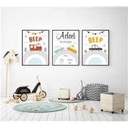 Metryczka zestaw 3 plakatów personalizowanych dla dzieci plakaty dla chłopca samochody pixitex