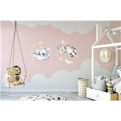 Naklejka na ścianę dla dzieci śpiące zwierzątka chmurki króliczek szop chmurki gwiazdki pixitex