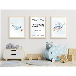 Metryczka zestaw plakatów personalizowanych dla dzieci samolot helikopter prezent na chrzest urodziny dla chłopca pixitex