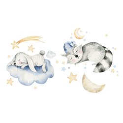 Naklejka na ścianę dla dzieci śpiące zwierzątka chmurki króliczek szop chmurki gwiazdki pixitex