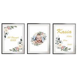 Metryczka zestaw 3 plakatów personalizowanych dla dzieci ze zdjęciem kwiaty prezent na chrzest urodziny pixitex