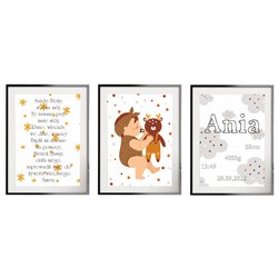Metryczka zestaw 3 plakatów personalizowanych dla dzieci prezent na chrzest urodziny pixitex