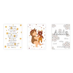 Metryczka zestaw 3 plakatów personalizowanych dla dzieci prezent na chrzest urodziny studiograf