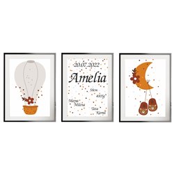 Metryczka zestaw 3 plakatów personalizowanych dla dzieci balon księżyc buciki prezent na chrzest pixitex