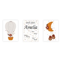 Metryczka zestaw 3 plakatów personalizowanych dla dzieci balon księżyc buciki prezent na chrzest studiograf