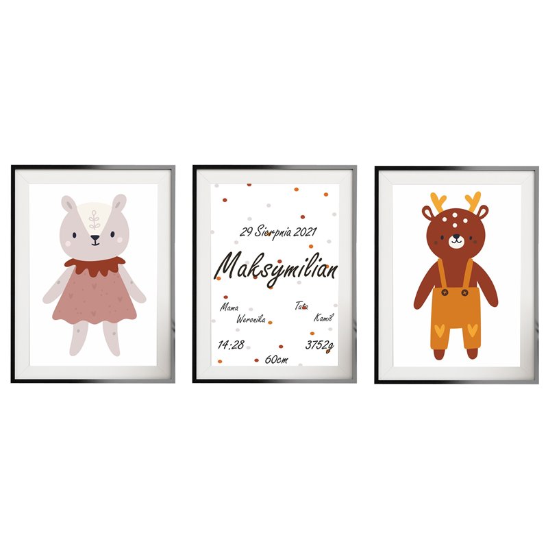 Metryczka zestaw 3 plakatów personalizowanych dla dzieci miś renifer plakat z imieniem prezent chrzest pixitex