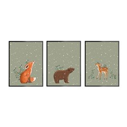 Zestaw 3 obrazków plakatów dla dzieci sarenka lisek niedźwiedź zwierzątka leśne zielone świąteczne plakaty śnieg pixite