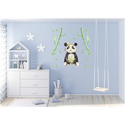 Naklejka na ścianę dla dzieci urocza mała panda bambusy liście pixitex